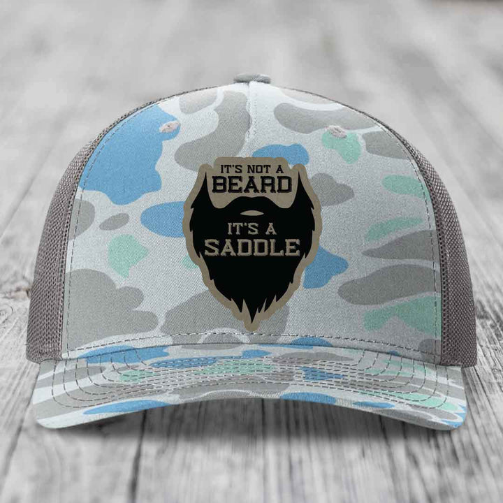 Its Not A Beard, Its A Saddle - Leather Patch Hat - Light Brown to Black Patch - Richardson 112PFP Snapback Trucker Hat