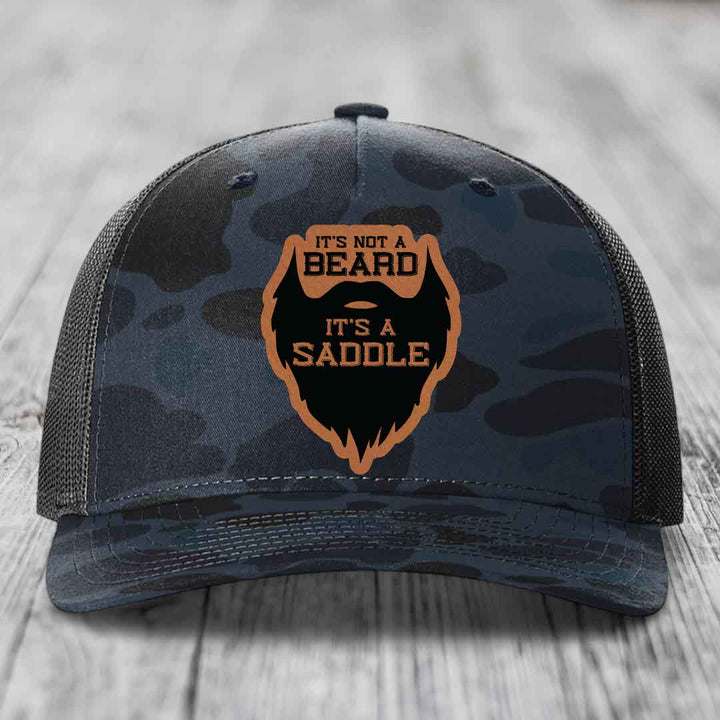 Its Not A Beard, Its A Saddle - Leather Patch Hat - Rawhide to Black Patch - Richardson 112PFP Snapback Trucker Hat