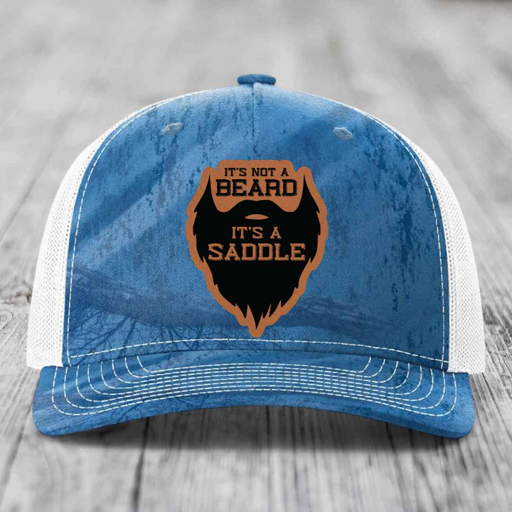 Its Not A Beard, Its A Saddle - Leather Patch Hat - Rawhide to Black Patch - Richardson 112PFP Snapback Trucker Hat