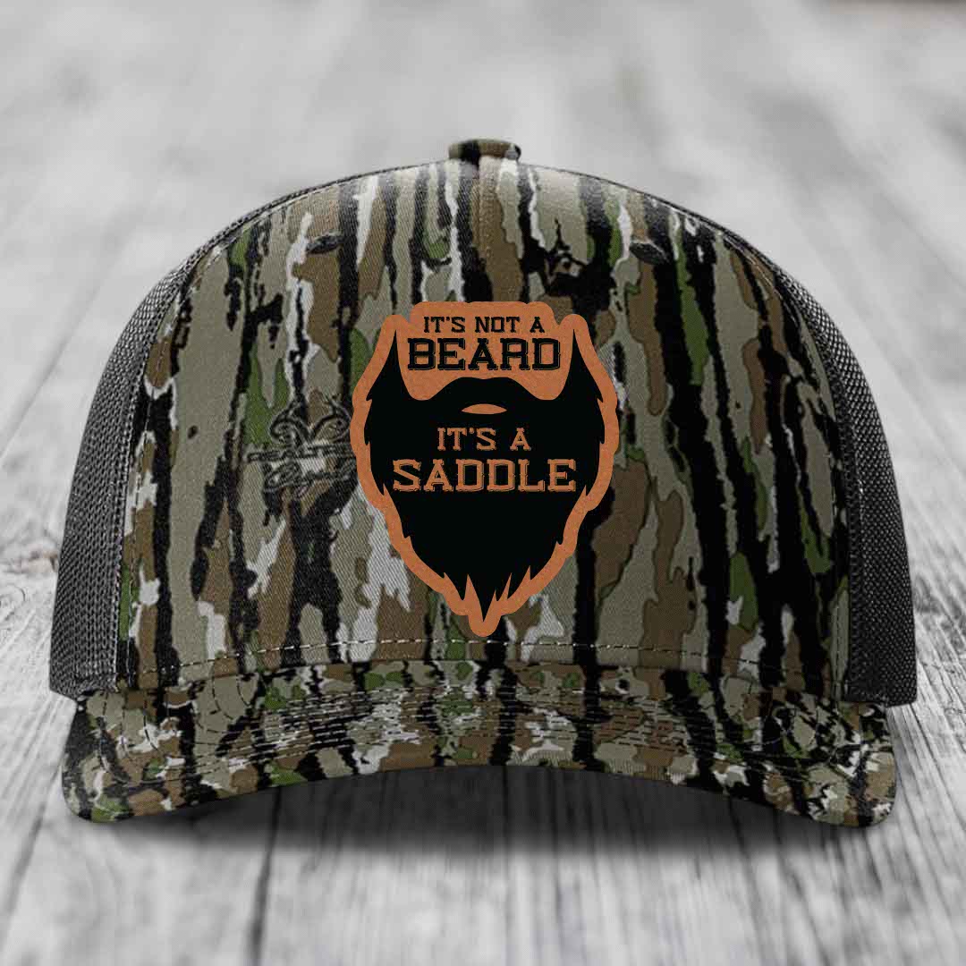 Its Not A Beard, Its A Saddle - Leather Patch Hat - Rawhide to Black Patch - Richardson 112PFP Snapback Trucker Hat