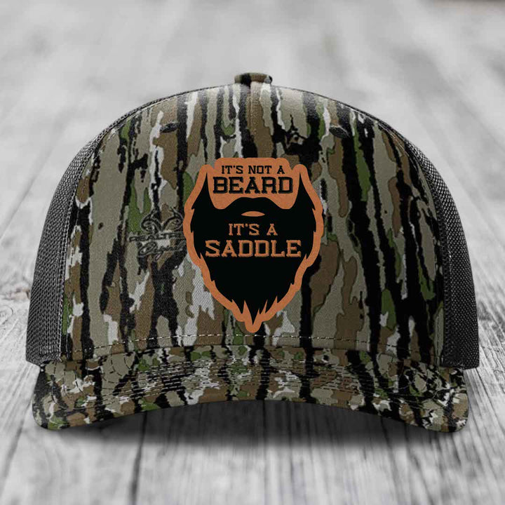 Its Not A Beard, Its A Saddle - Leather Patch Hat - Rawhide to Black Patch - Richardson 112PFP Snapback Trucker Hat