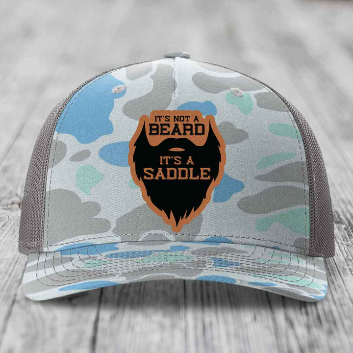 Its Not A Beard, Its A Saddle - Leather Patch Hat - Rawhide to Black Patch - Richardson 112PFP Snapback Trucker Hat
