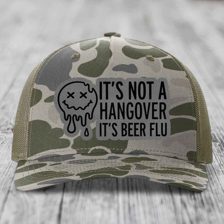 Its Not A Hangover, Its Beer Flu - Leather Patch Hat - Grey to Black Patch - Richardson 112PFP Snapback Trucker Hat