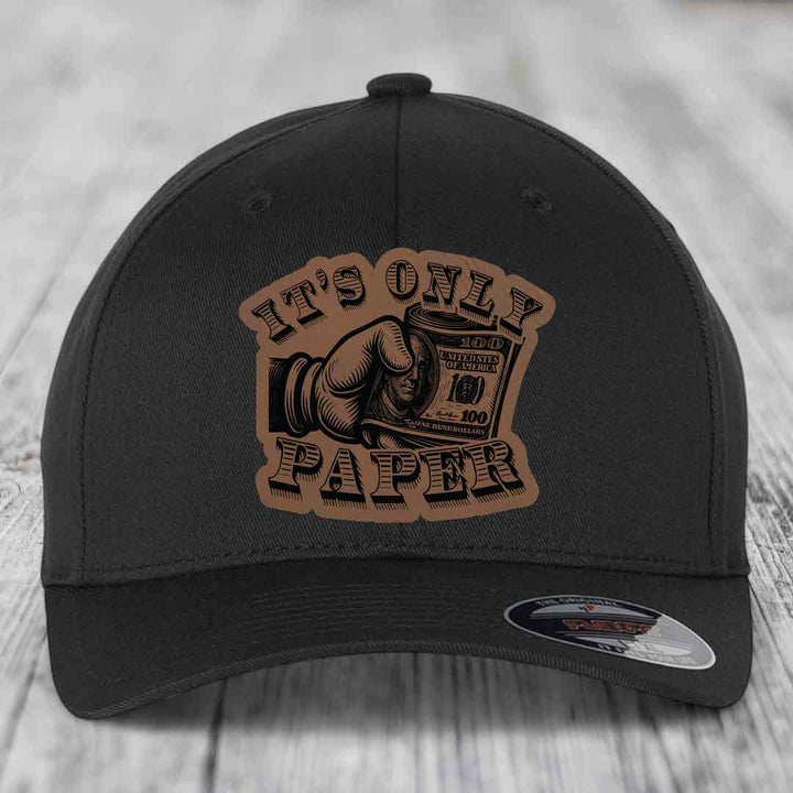 Its Only Paper - Leather Patch Hat - Dark Brown to Black Patch - Flexfit 6277 Fitted Hat