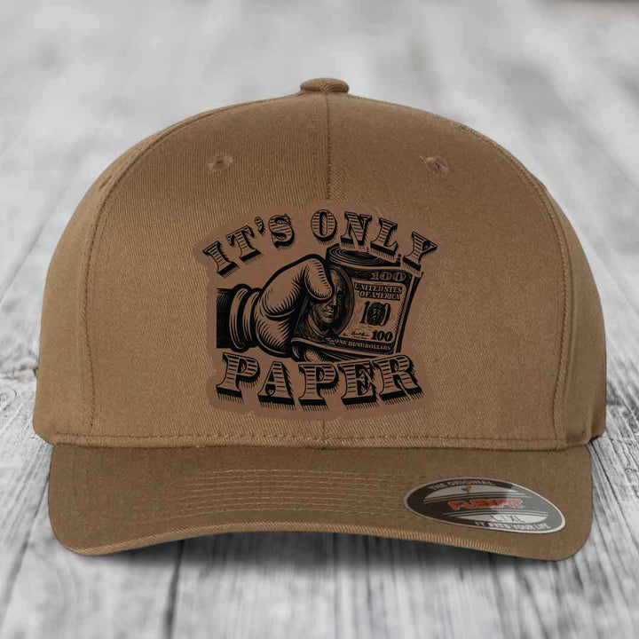 Its Only Paper - Leather Patch Hat - Dark Brown to Black Patch - Flexfit 6277 Fitted Hat