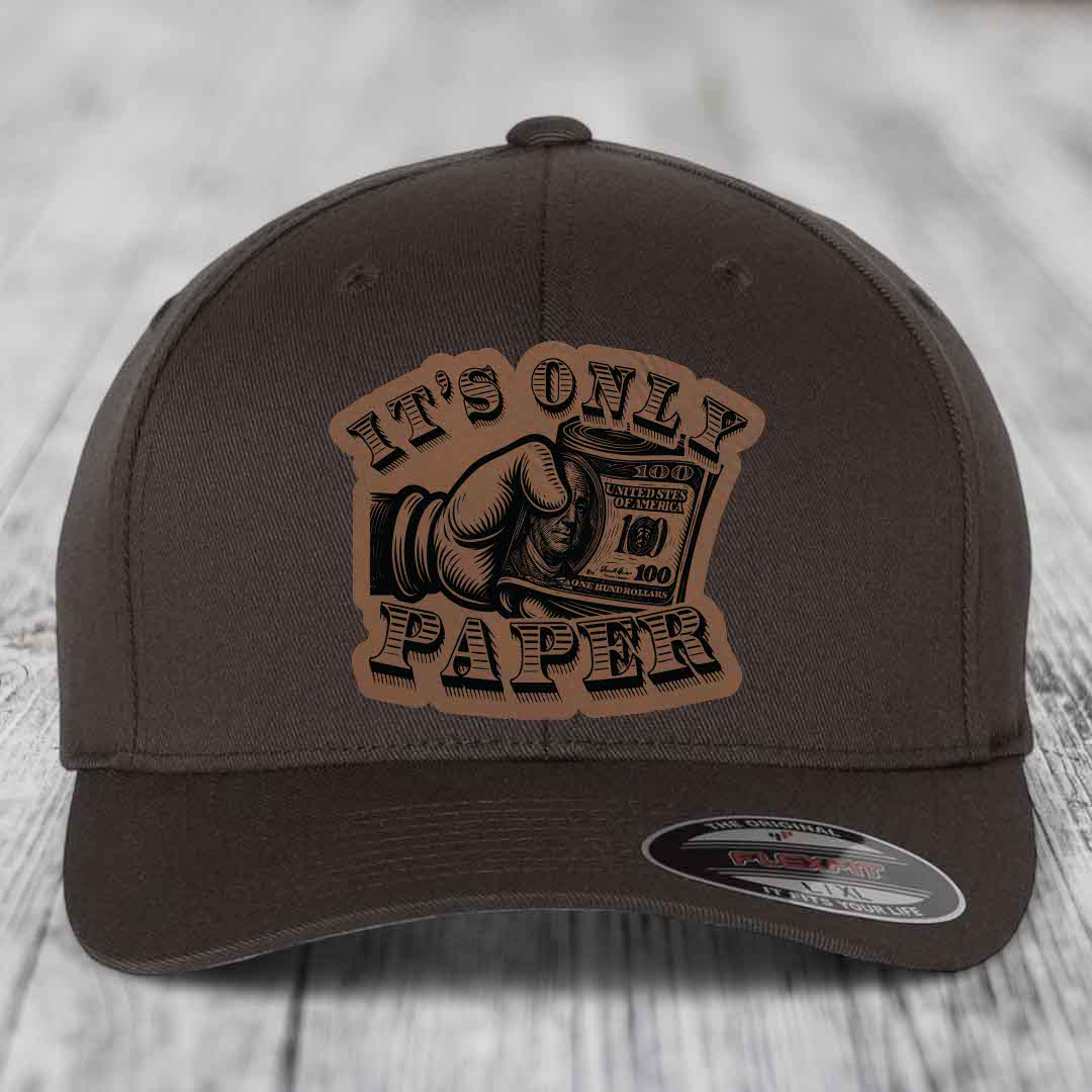 Its Only Paper - Leather Patch Hat - Dark Brown to Black Patch - Flexfit 6277 Fitted Hat