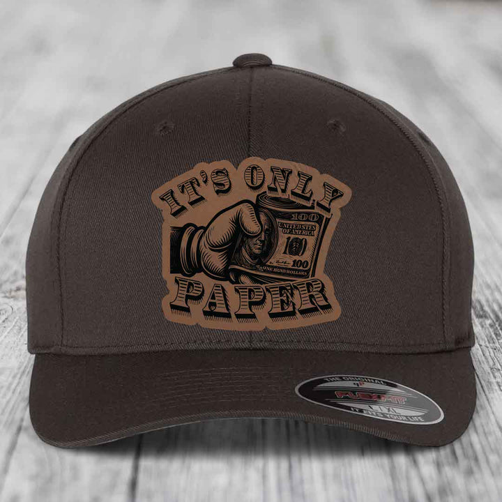 Its Only Paper - Leather Patch Hat - Dark Brown to Black Patch - Flexfit 6277 Fitted Hat