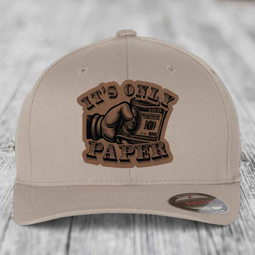 Its Only Paper - Leather Patch Hat - Dark Brown to Black Patch - Flexfit 6277 Fitted Hat