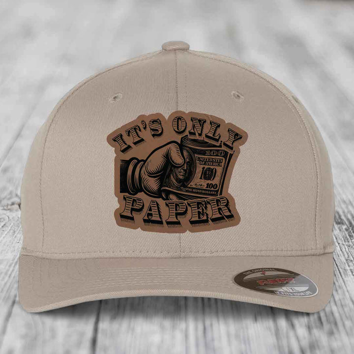 Its Only Paper - Leather Patch Hat - Dark Brown to Black Patch - Flexfit 6277 Fitted Hat
