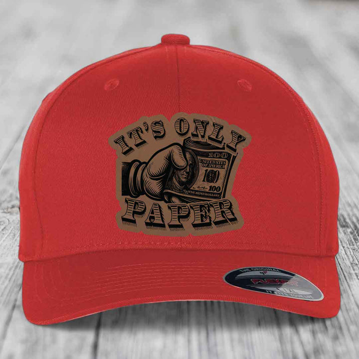 Its Only Paper - Leather Patch Hat - Dark Brown to Black Patch - Flexfit 6277 Fitted Hat