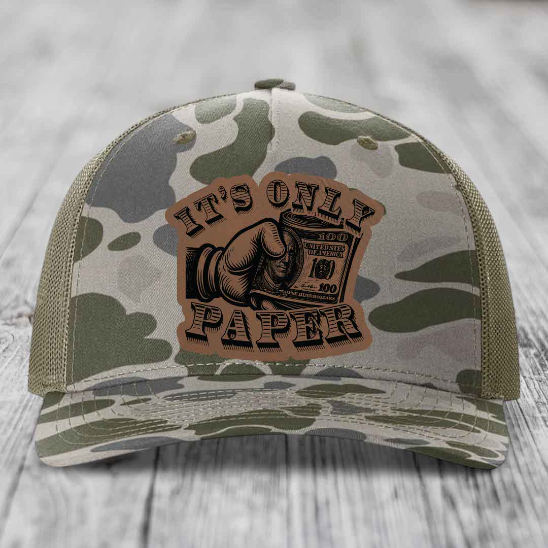 Its Only Paper - Leather Patch Hat - Dark Brown to Black Patch - Richardson 112PFP Snapback Trucker Hat