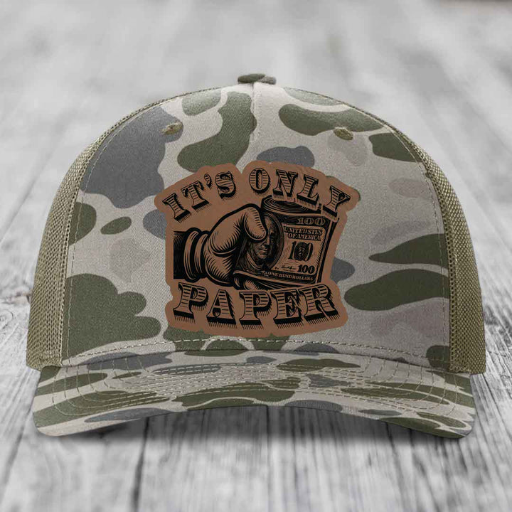 Its Only Paper - Leather Patch Hat - Dark Brown to Black Patch - Richardson 112PFP Snapback Trucker Hat