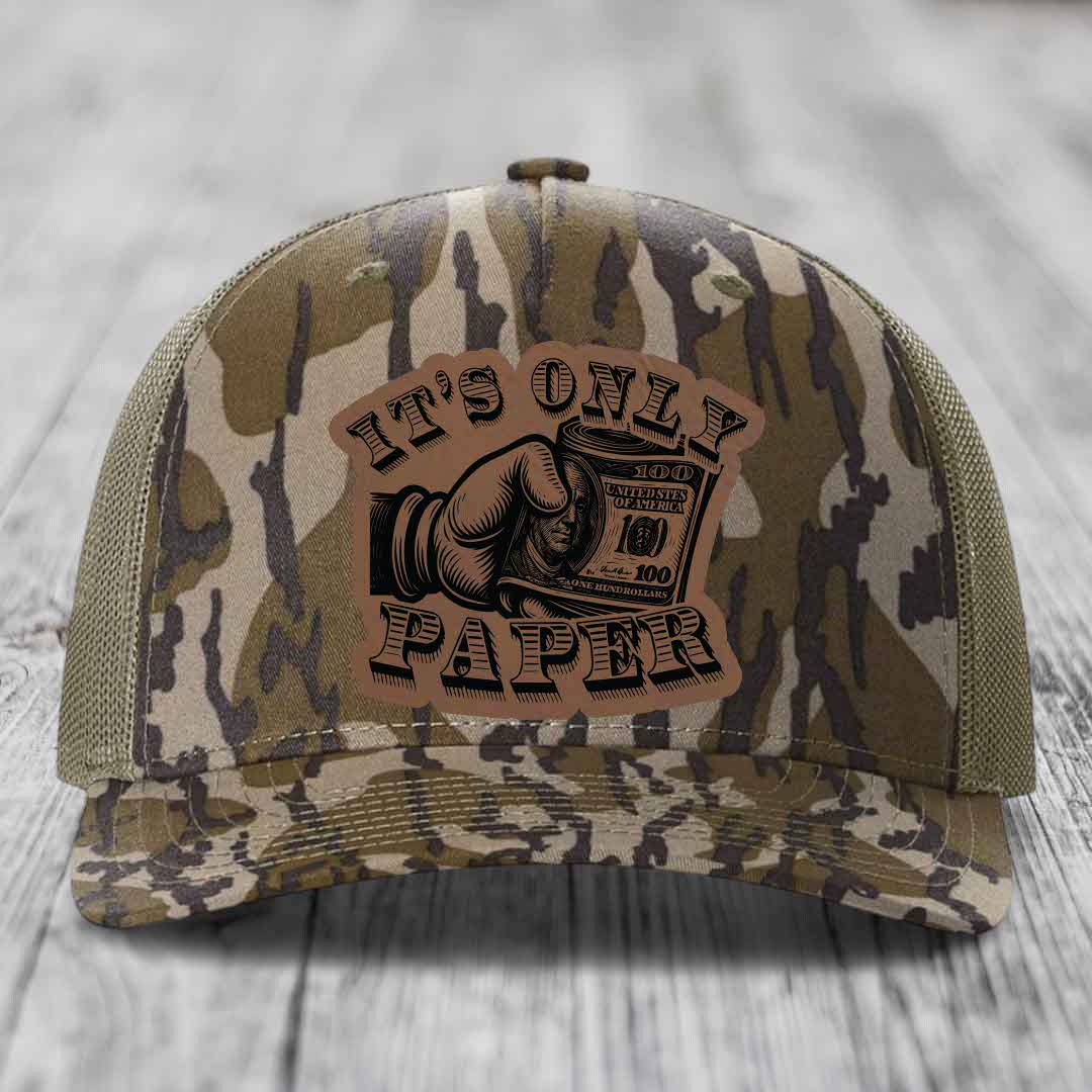 Its Only Paper - Leather Patch Hat - Dark Brown to Black Patch - Richardson 112PFP Snapback Trucker Hat
