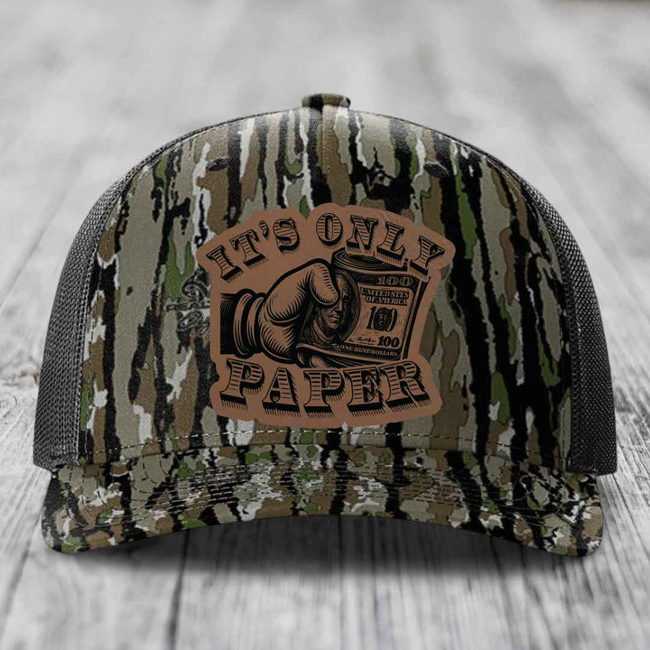 Its Only Paper - Leather Patch Hat - Dark Brown to Black Patch - Richardson 112PFP Snapback Trucker Hat