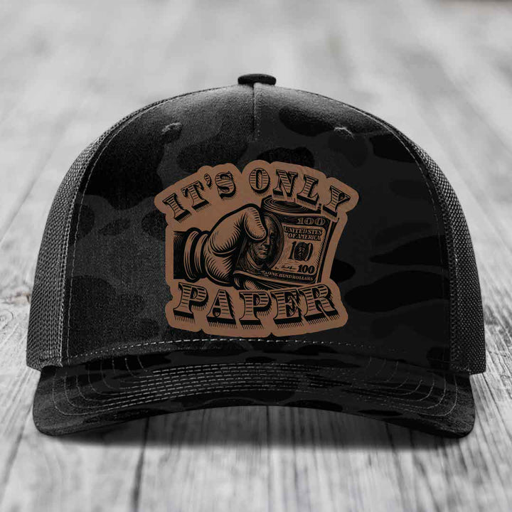 Its Only Paper - Leather Patch Hat - Dark Brown to Black Patch - Richardson 112PFP Snapback Trucker Hat