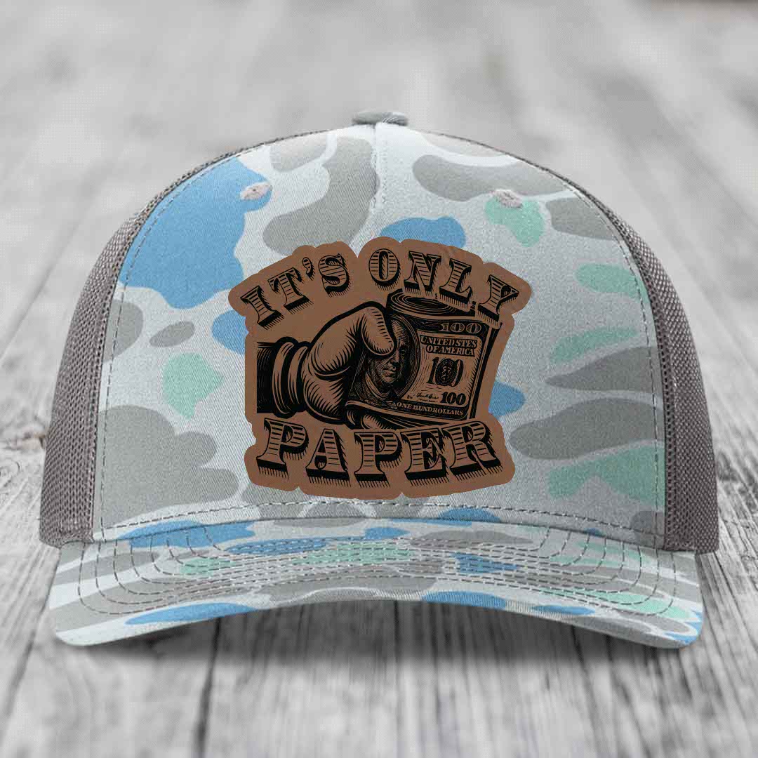 Its Only Paper - Leather Patch Hat - Dark Brown to Black Patch - Richardson 112PFP Snapback Trucker Hat