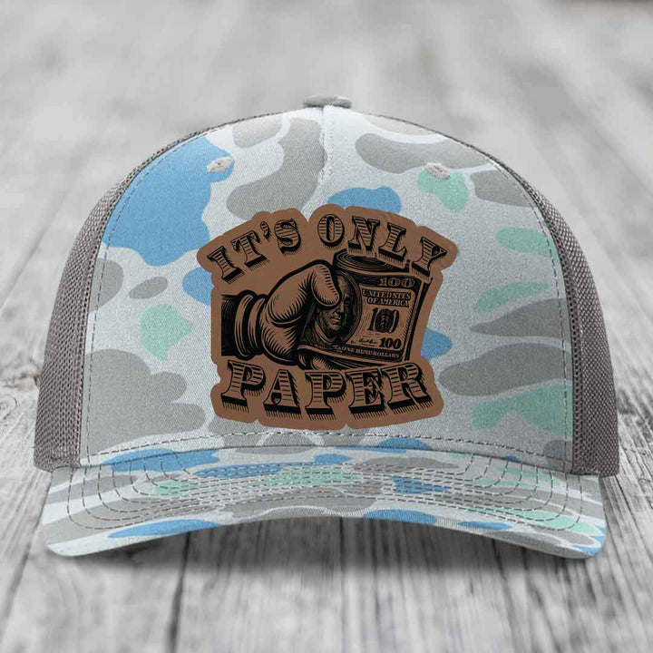 Its Only Paper - Leather Patch Hat - Dark Brown to Black Patch - Richardson 112PFP Snapback Trucker Hat