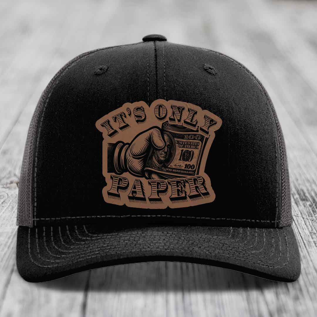 Its Only Paper - Leather Patch Hat - Dark Brown to Black Patch - Richardson 112 Snapback Trucker Hat
