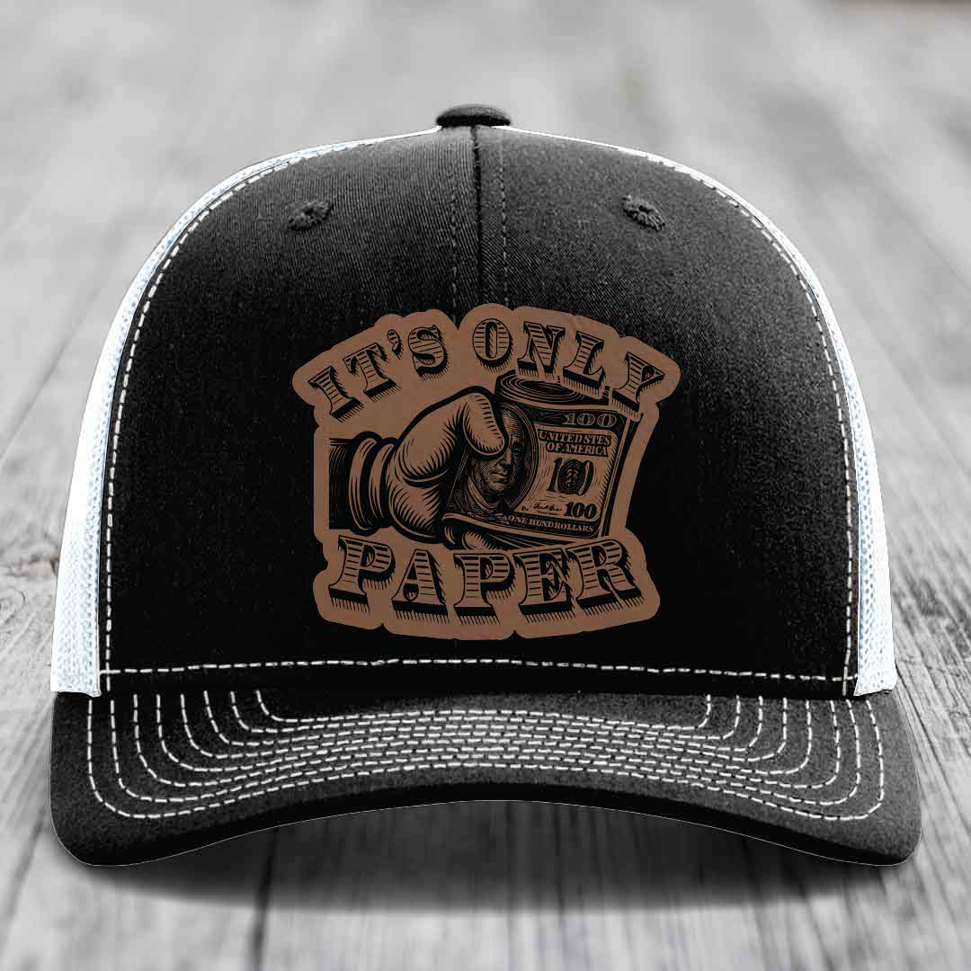 Its Only Paper - Leather Patch Hat - Dark Brown to Black Patch - Richardson 112 Snapback Trucker Hat