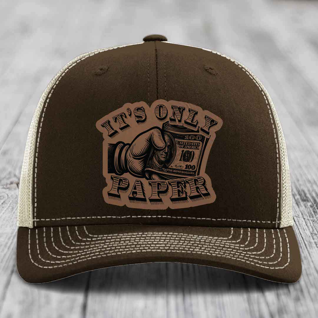 Its Only Paper - Leather Patch Hat - Dark Brown to Black Patch - Richardson 112 Snapback Trucker Hat