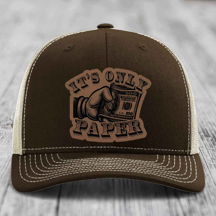 Its Only Paper - Leather Patch Hat - Dark Brown to Black Patch - Richardson 112 Snapback Trucker Hat