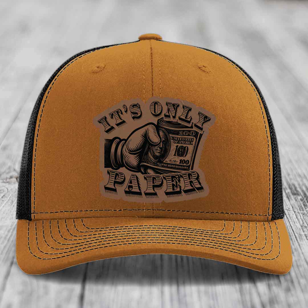 Its Only Paper - Leather Patch Hat - Dark Brown to Black Patch - Richardson 112 Snapback Trucker Hat