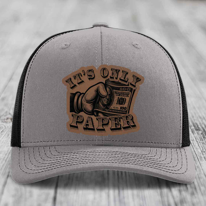 Its Only Paper - Leather Patch Hat - Dark Brown to Black Patch - Richardson 112 Snapback Trucker Hat