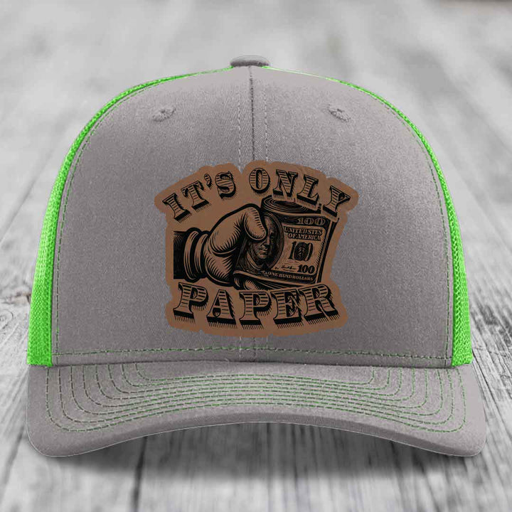 Its Only Paper - Leather Patch Hat - Dark Brown to Black Patch - Richardson 112 Snapback Trucker Hat