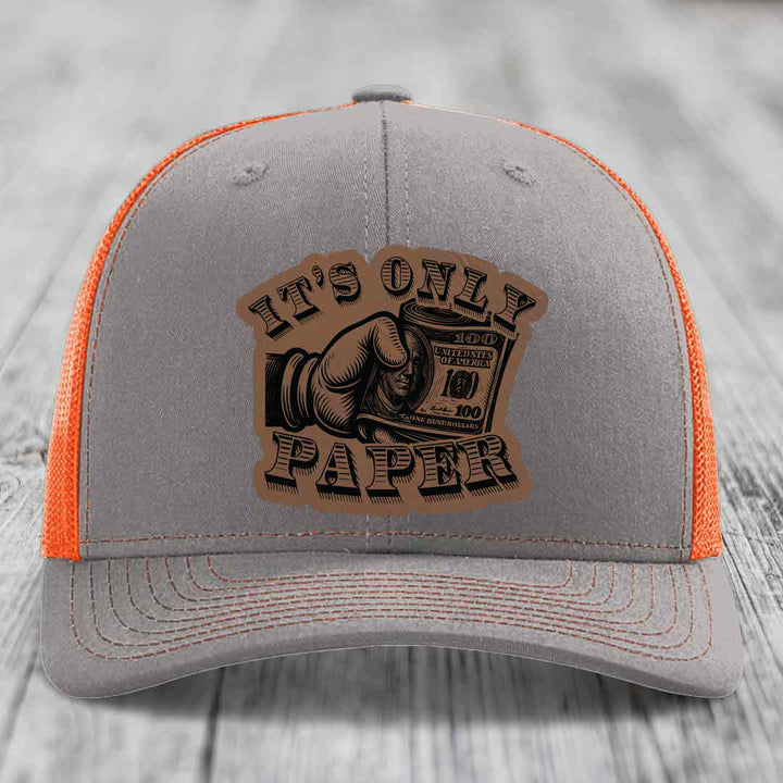 Its Only Paper - Leather Patch Hat - Dark Brown to Black Patch - Richardson 112 Snapback Trucker Hat