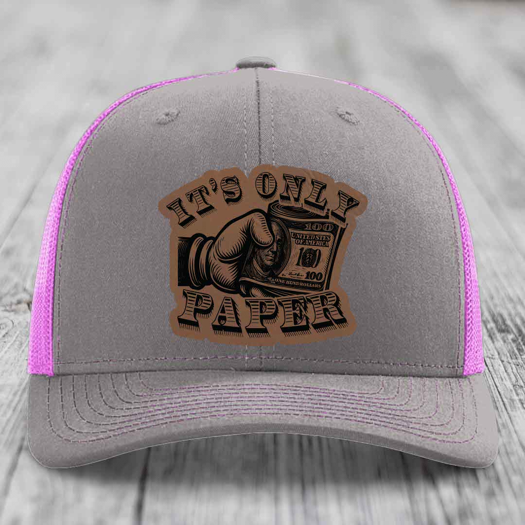 Its Only Paper - Leather Patch Hat - Dark Brown to Black Patch - Richardson 112 Snapback Trucker Hat