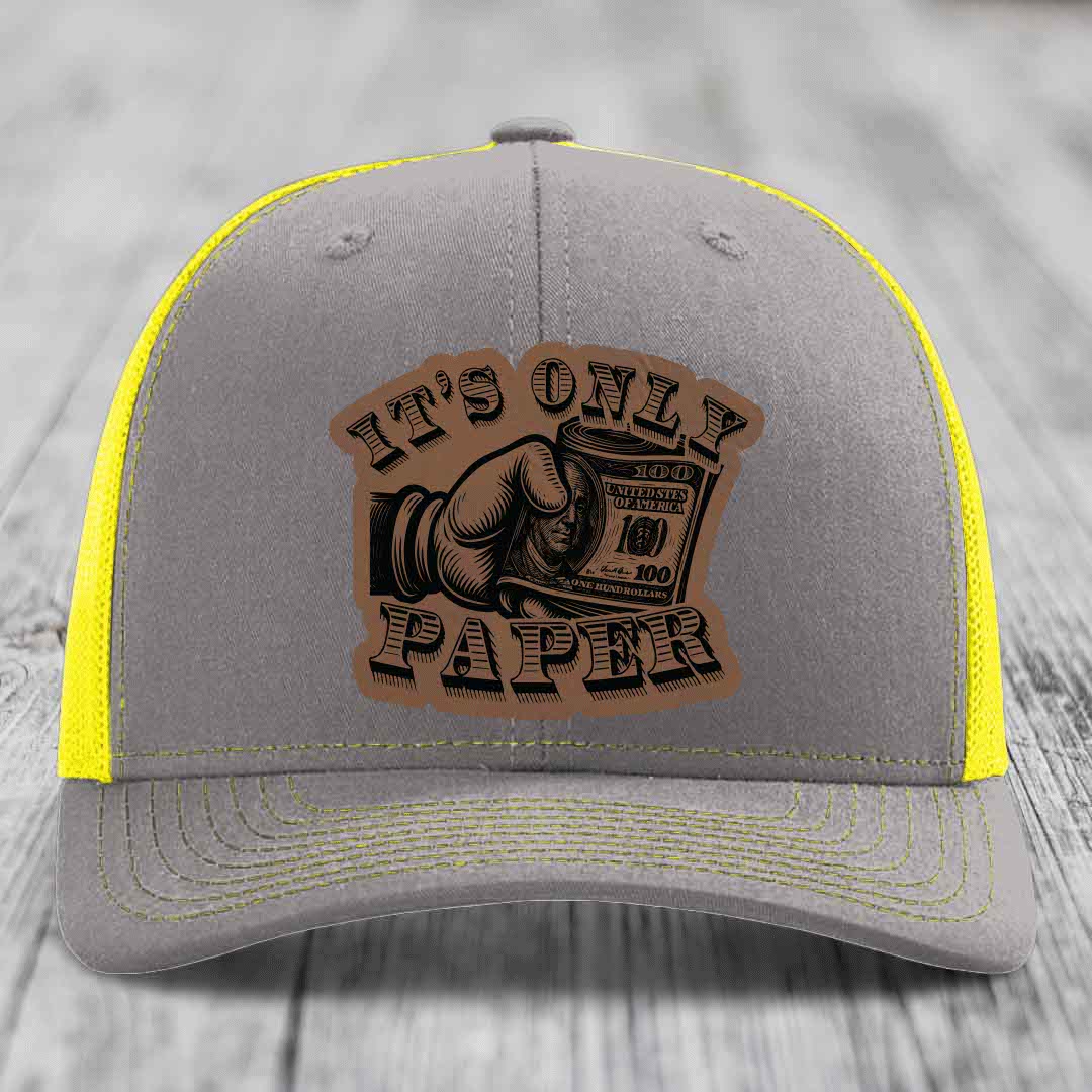 Its Only Paper - Leather Patch Hat - Dark Brown to Black Patch - Richardson 112 Snapback Trucker Hat