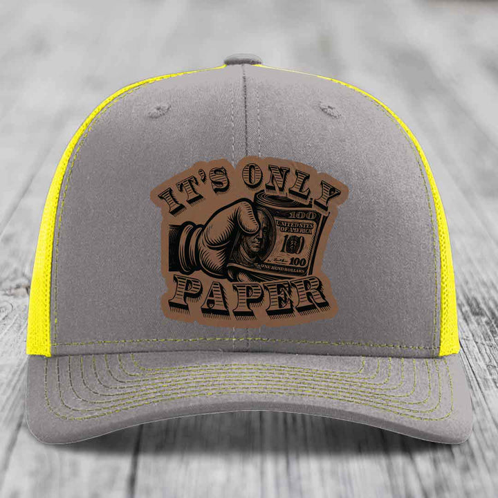 Its Only Paper - Leather Patch Hat - Dark Brown to Black Patch - Richardson 112 Snapback Trucker Hat