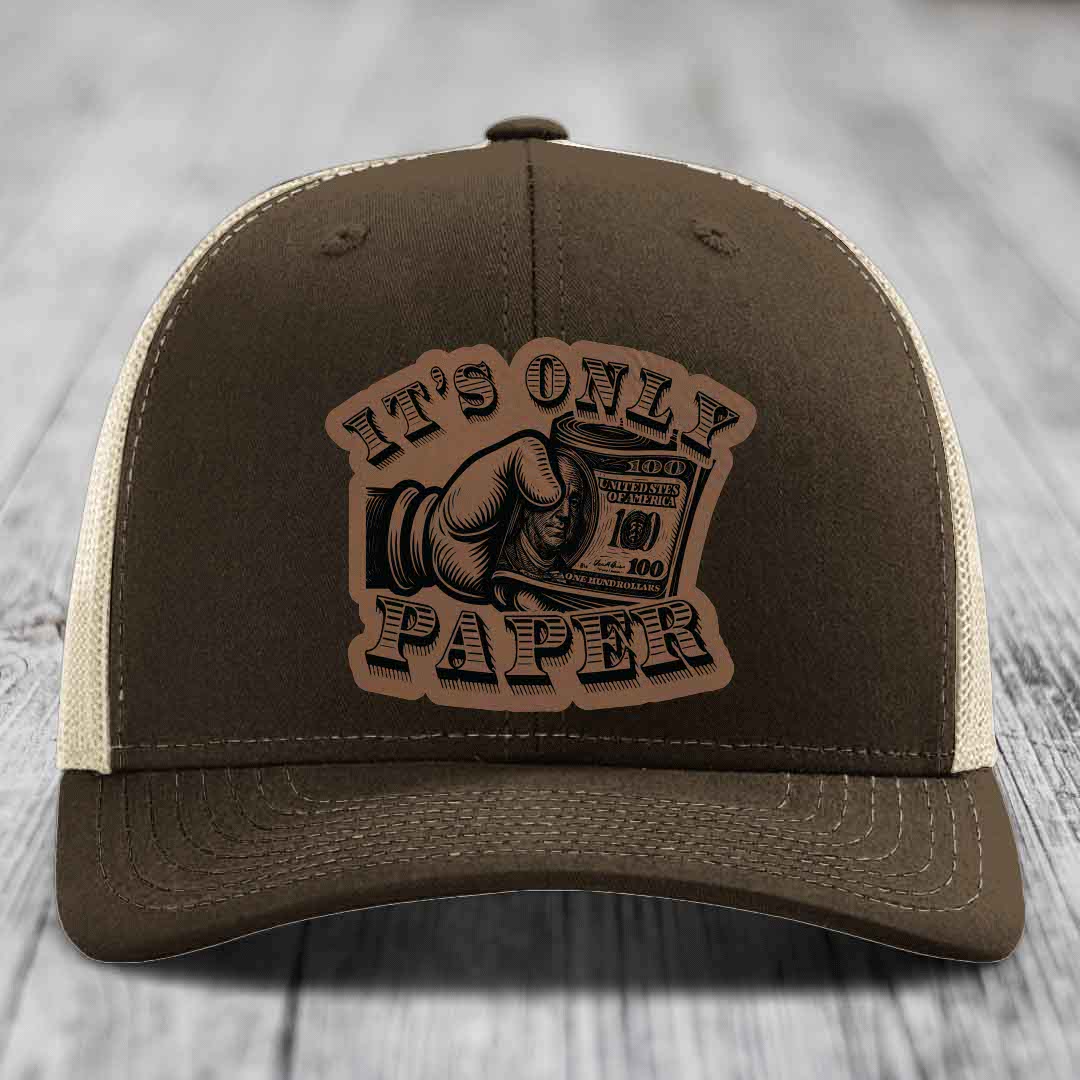 Its Only Paper - Leather Patch Hat - Dark Brown to Black Patch - Richardson 112 Snapback Trucker Hat