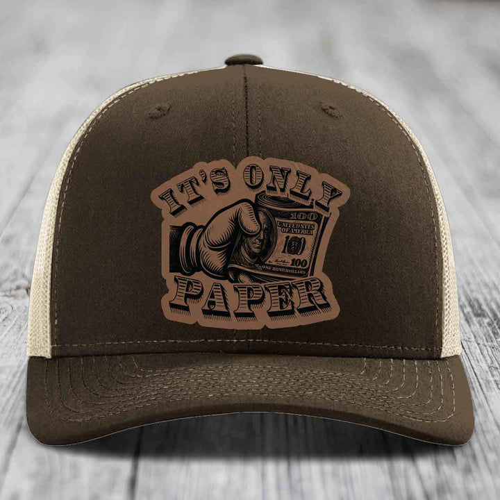 Its Only Paper - Leather Patch Hat - Dark Brown to Black Patch - Richardson 112 Snapback Trucker Hat