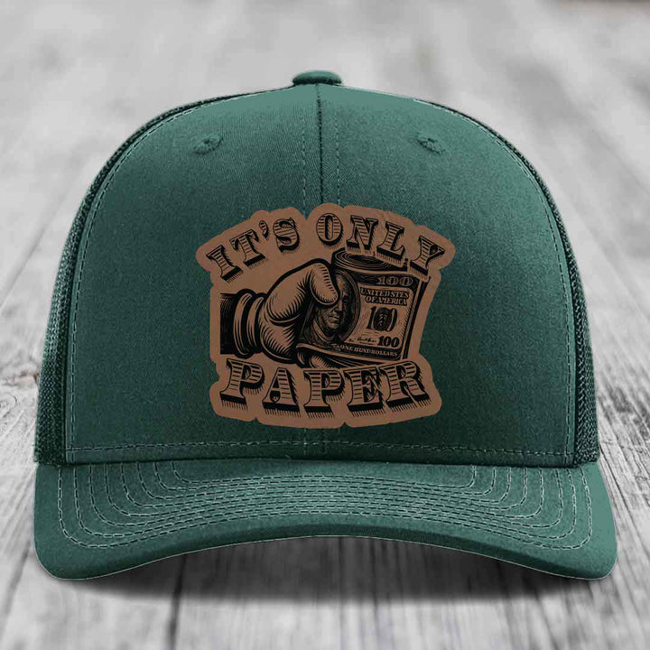 Its Only Paper - Leather Patch Hat - Dark Brown to Black Patch - Richardson 112 Snapback Trucker Hat