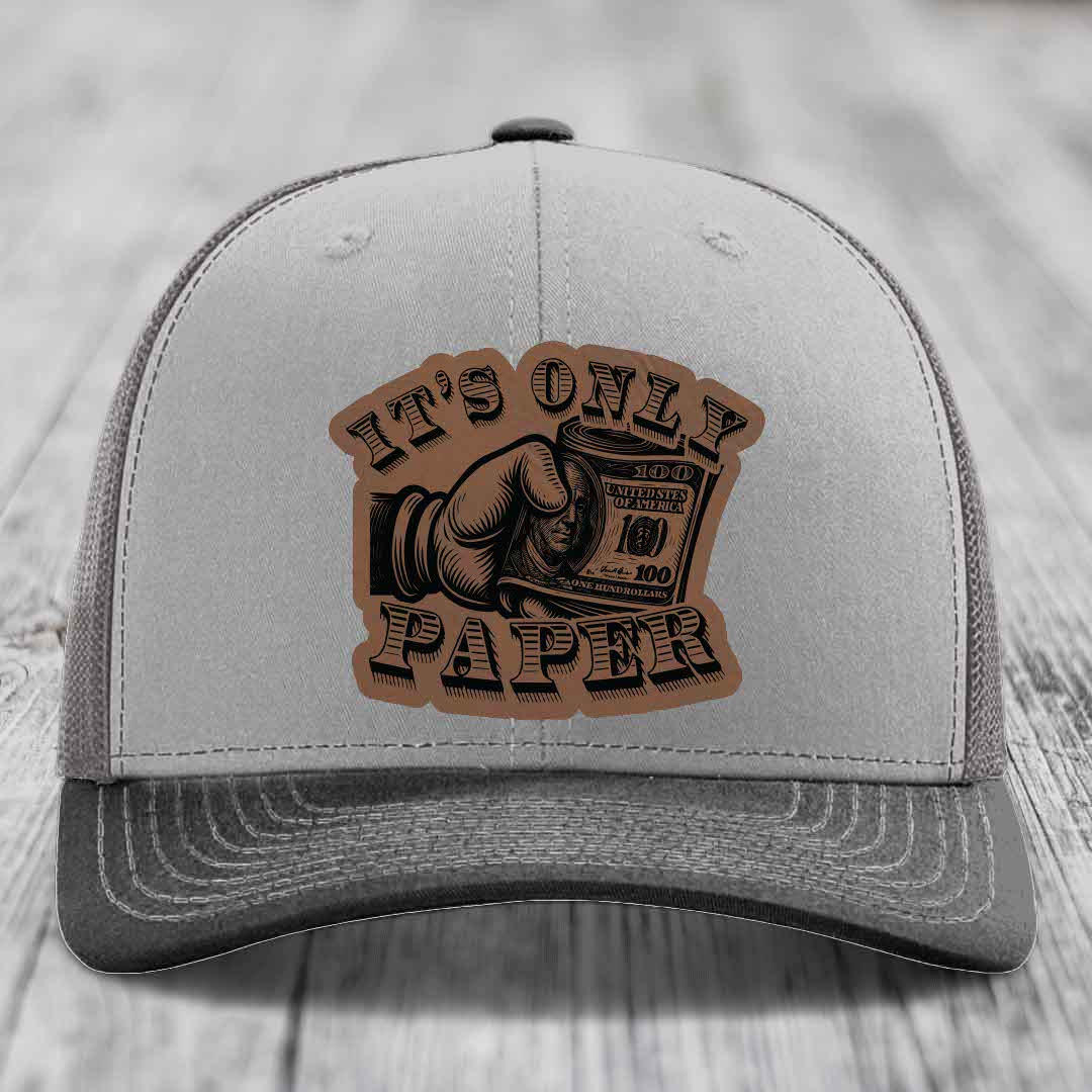 Its Only Paper - Leather Patch Hat - Dark Brown to Black Patch - Richardson 112 Snapback Trucker Hat
