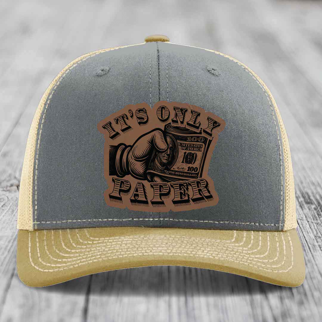 Its Only Paper - Leather Patch Hat - Dark Brown to Black Patch - Richardson 112 Snapback Trucker Hat