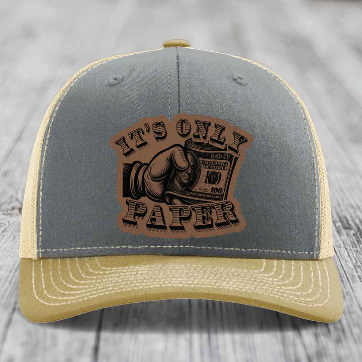 Its Only Paper - Leather Patch Hat - Dark Brown to Black Patch - Richardson 112 Snapback Trucker Hat