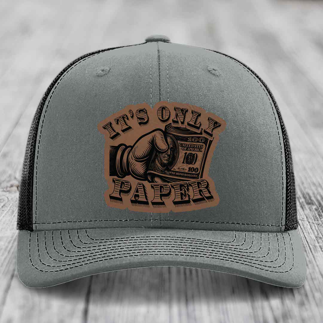 Its Only Paper - Leather Patch Hat - Dark Brown to Black Patch - Richardson 112 Snapback Trucker Hat