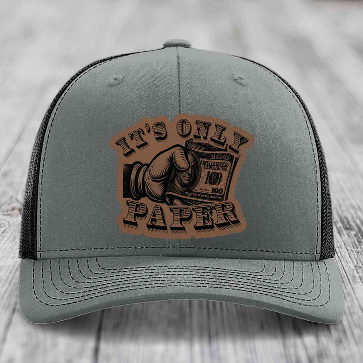 Its Only Paper - Leather Patch Hat - Dark Brown to Black Patch - Richardson 112 Snapback Trucker Hat
