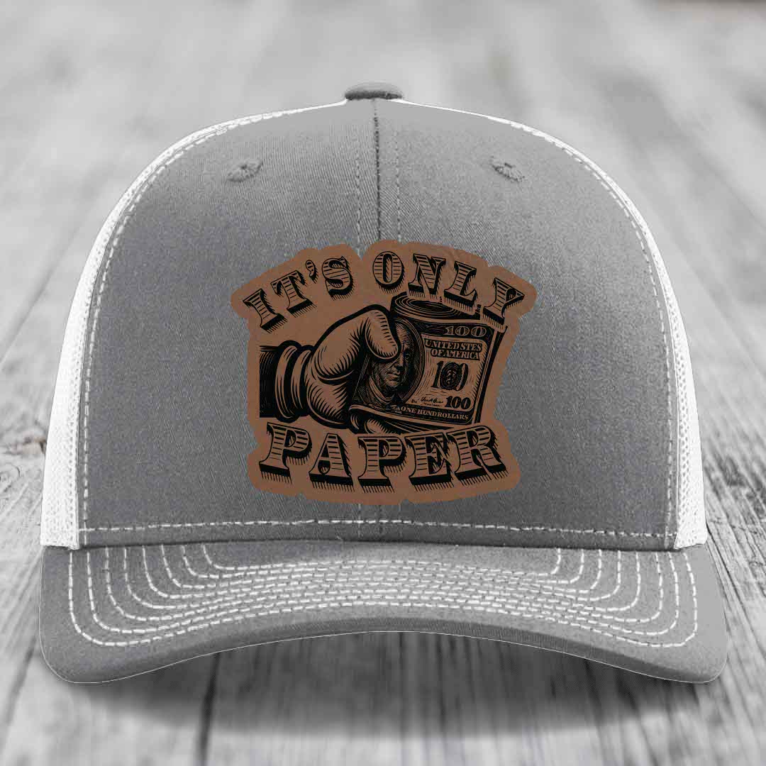 Its Only Paper - Leather Patch Hat - Dark Brown to Black Patch - Richardson 112 Snapback Trucker Hat