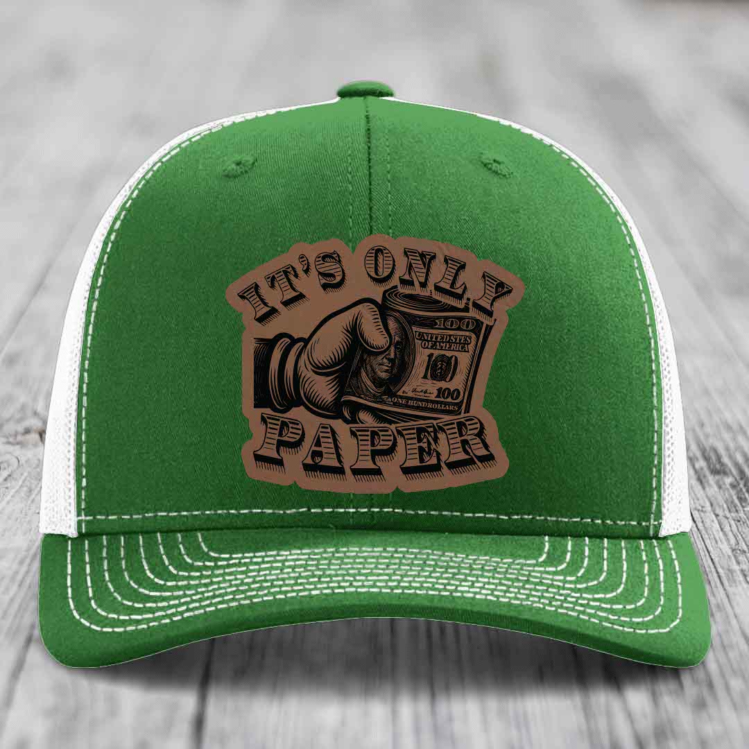 Its Only Paper - Leather Patch Hat - Dark Brown to Black Patch - Richardson 112 Snapback Trucker Hat
