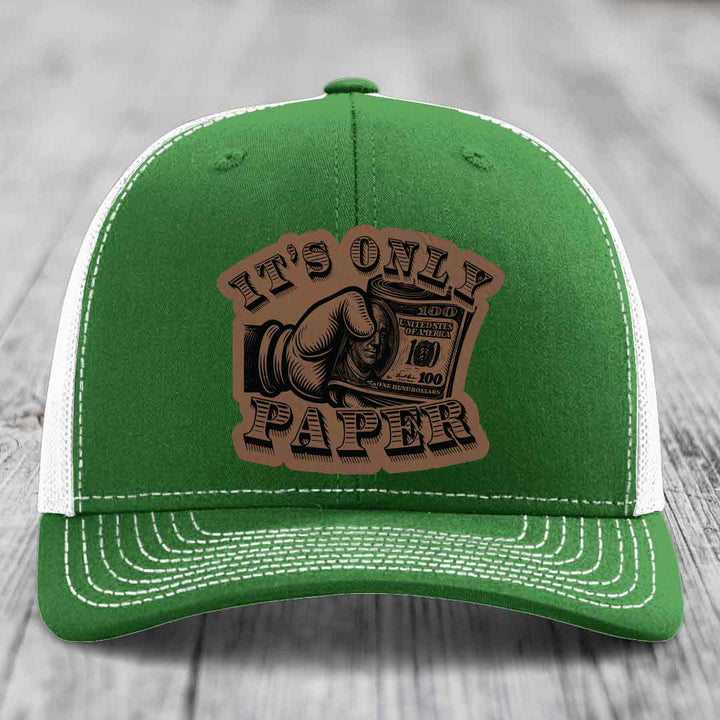 Its Only Paper - Leather Patch Hat - Dark Brown to Black Patch - Richardson 112 Snapback Trucker Hat