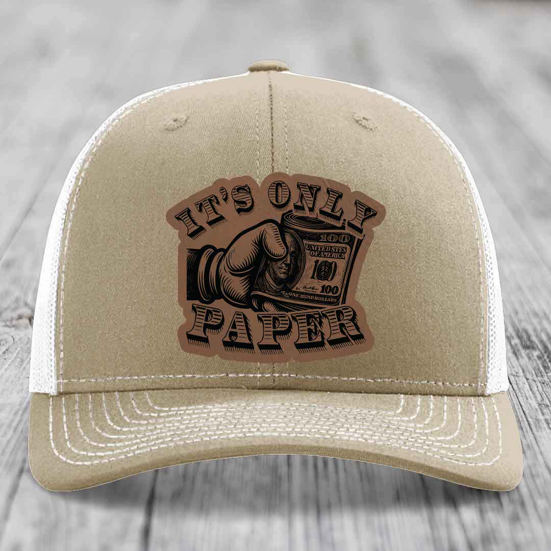Its Only Paper - Leather Patch Hat - Dark Brown to Black Patch - Richardson 112 Snapback Trucker Hat