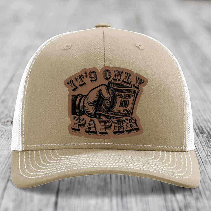 Its Only Paper - Leather Patch Hat - Dark Brown to Black Patch - Richardson 112 Snapback Trucker Hat