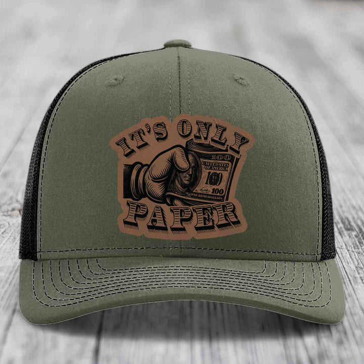 Its Only Paper - Leather Patch Hat - Dark Brown to Black Patch - Richardson 112 Snapback Trucker Hat