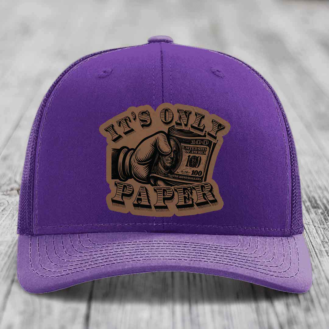 Its Only Paper - Leather Patch Hat - Dark Brown to Black Patch - Richardson 112 Snapback Trucker Hat