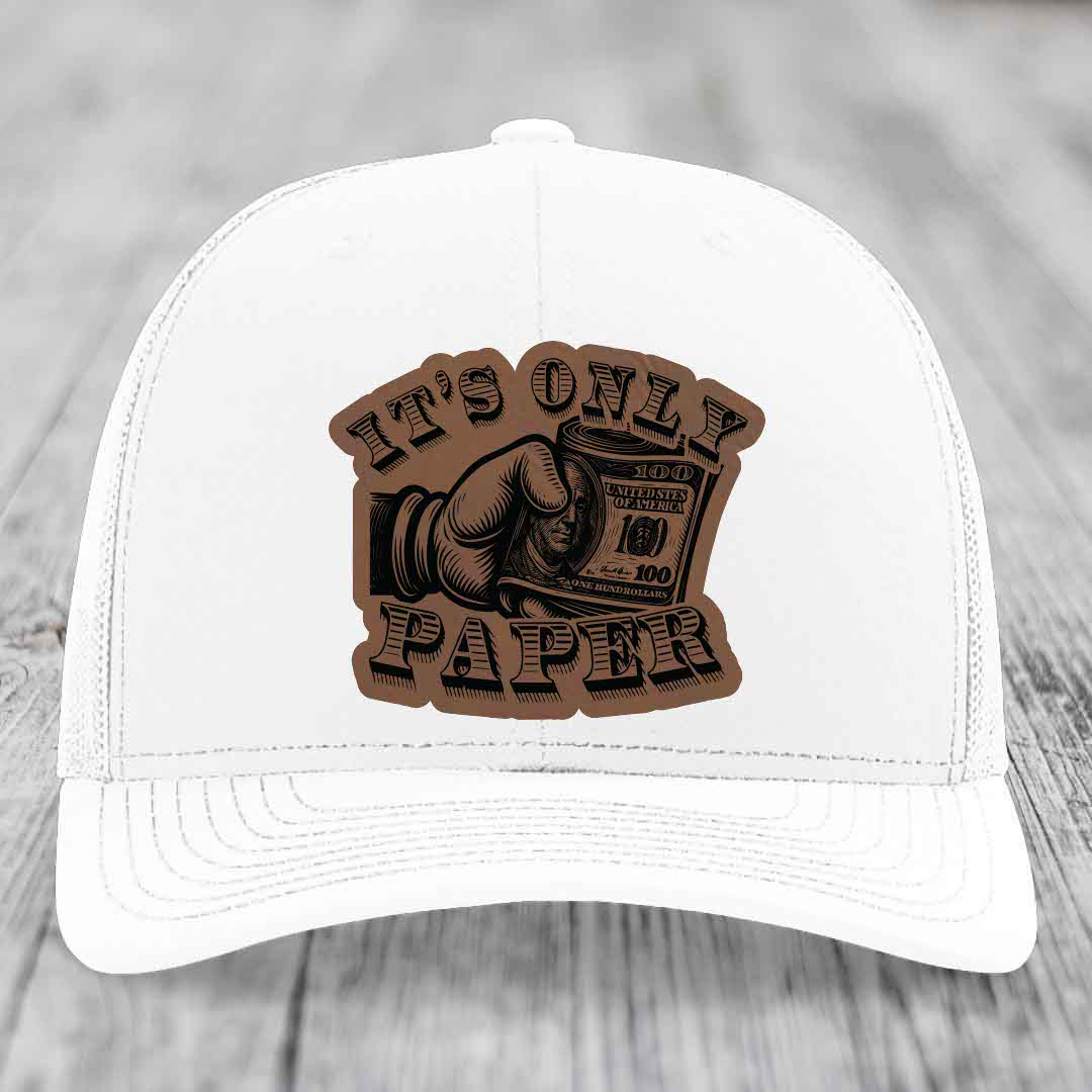 Its Only Paper - Leather Patch Hat - Dark Brown to Black Patch - Richardson 112 Snapback Trucker Hat