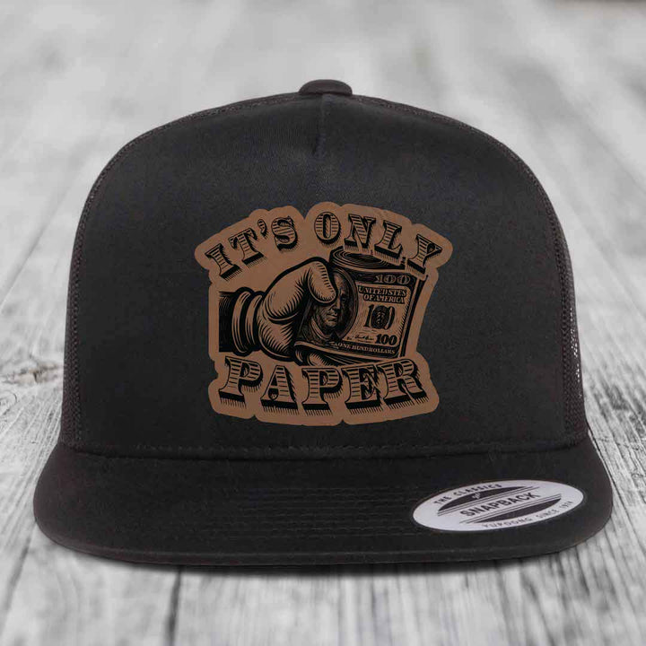 Its Only Paper - Leather Patch Hat - Dark Brown to Black Patch - Yupoong 6006 Snapback Flatbill Hat