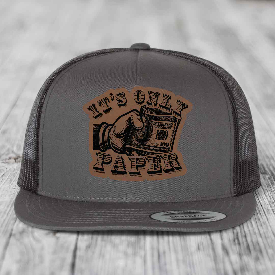 Its Only Paper - Leather Patch Hat - Dark Brown to Black Patch - Yupoong 6006 Snapback Flatbill Hat